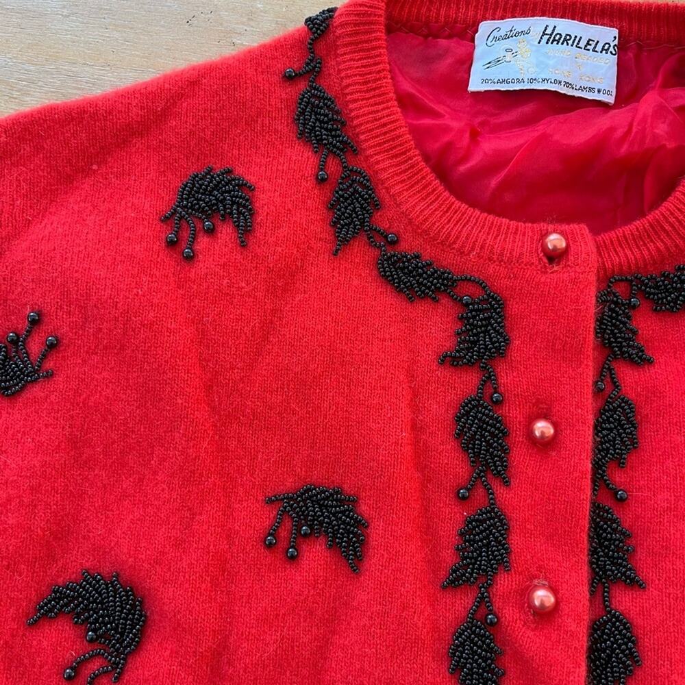 Vintage Original 1950s 60s Red Angora Lambswool Cardigan Beaded Sweater Medium - Picture 6 of 12